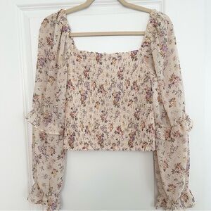 Romantic Floral Smocked Blouse with Long Ruffle Sleeves - Light Pink Cottagecore